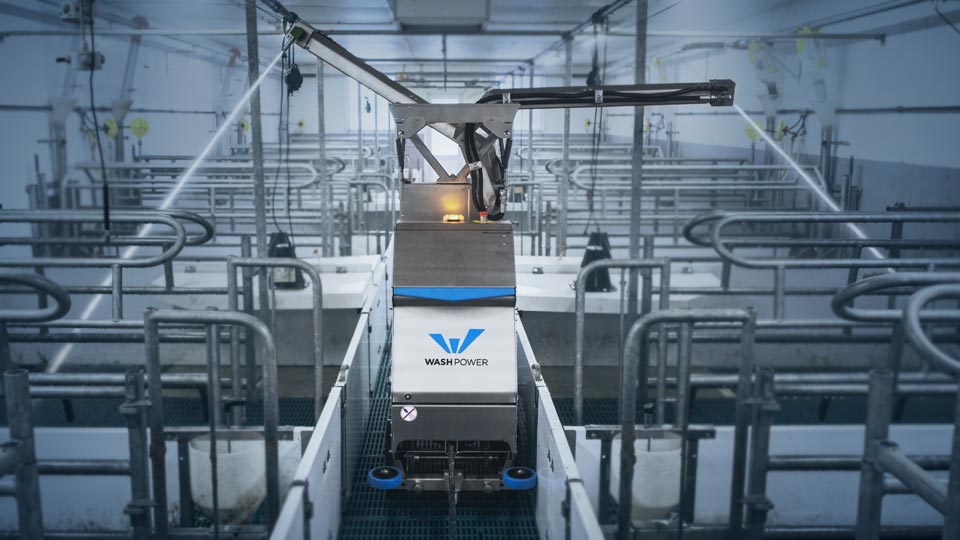 Washing robot cleaning a pig barn