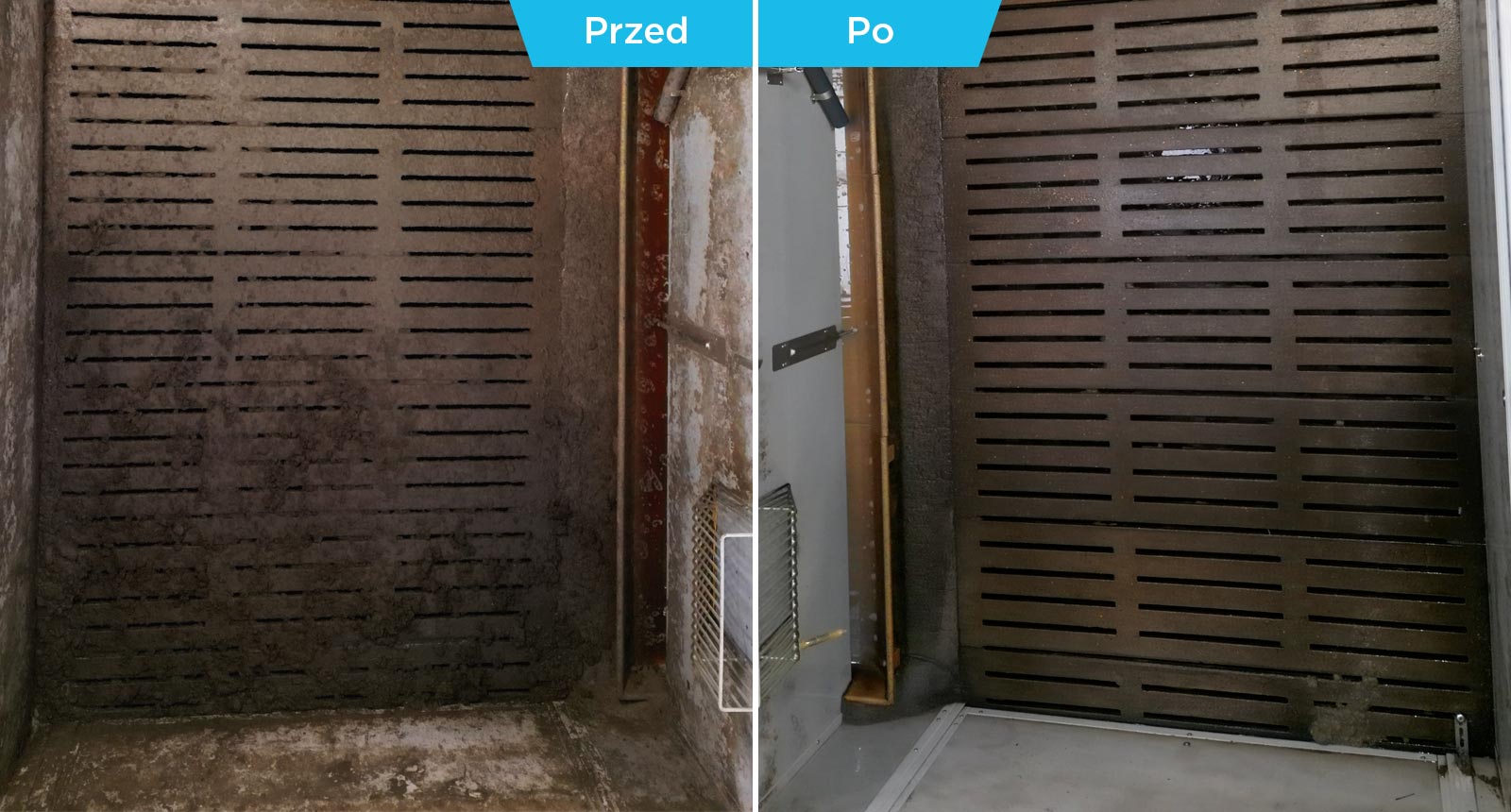 Before-after-cleaning-shot-of-slats-pig-barn Pig pen before and after example when washing with a washing robot
